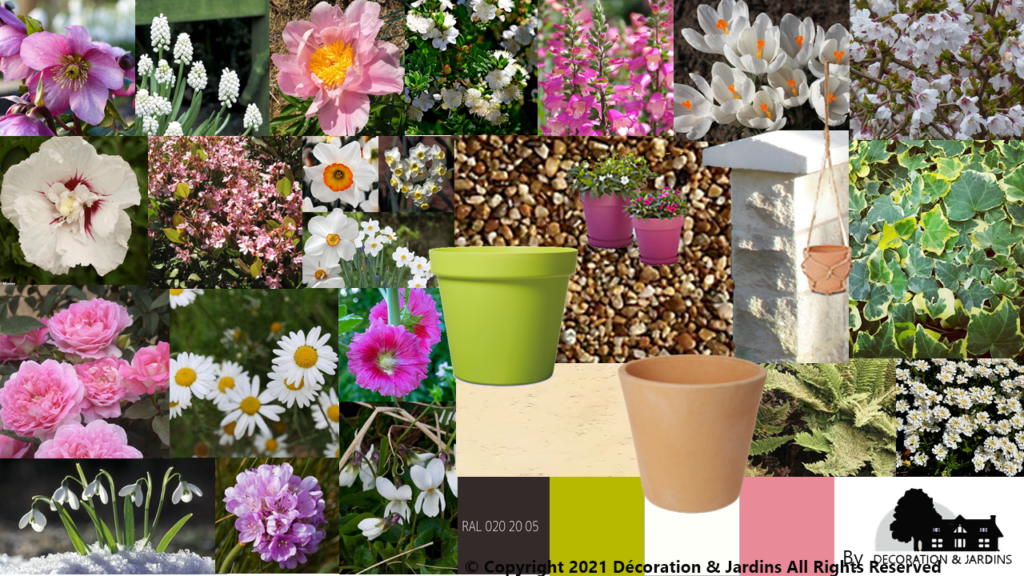 Planche Ambiance définie par Décoration & Jardins afin de valider l'ambiance dégagée par l'ensemble des couleurs, des fleurs et des éléments de décoration
